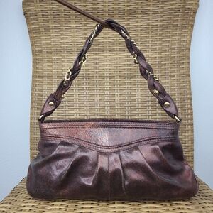 Elliott Lucca Bag Shoulder Handbag Leather Distressed Maroon Gold Hardware Braid